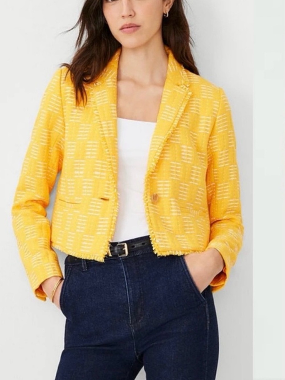 Ann Taylor Yellow Tweed Cropped Blazer Jacket - Women